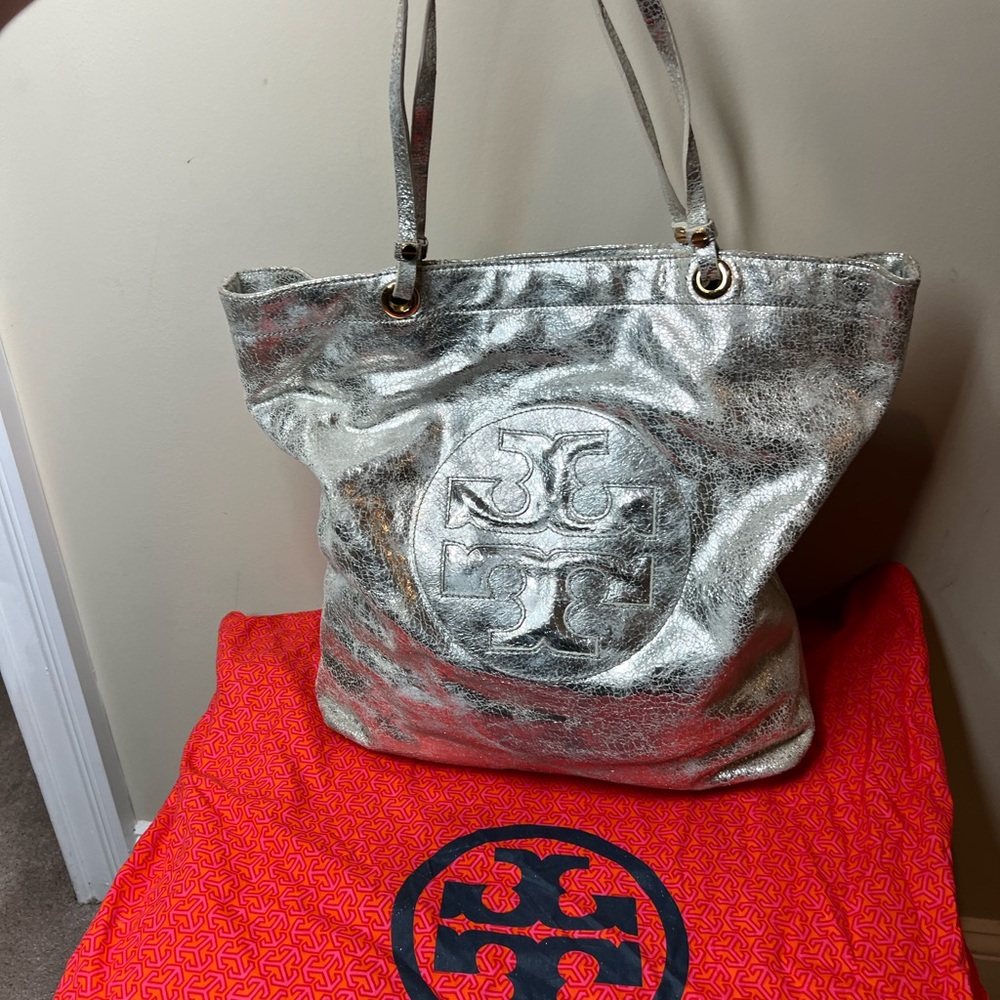 Tory Burch Silver Distressed Metallic Leather Tote